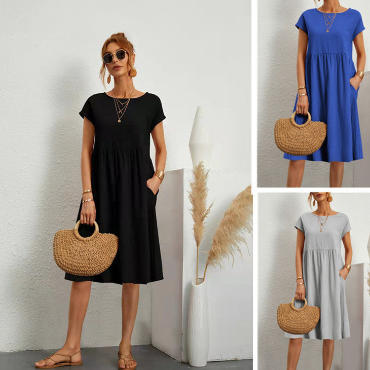 Women's Cotton Round Neck A-line Skirt Dress