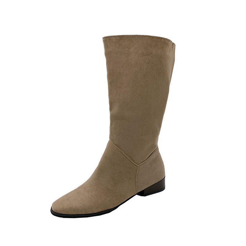 Pointed Toe Retro Middle Boots Simple Thick Heel Below The Knee