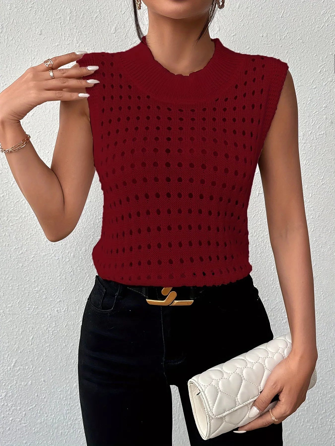 Hollow Out Round Neck Knit Sweater Tank