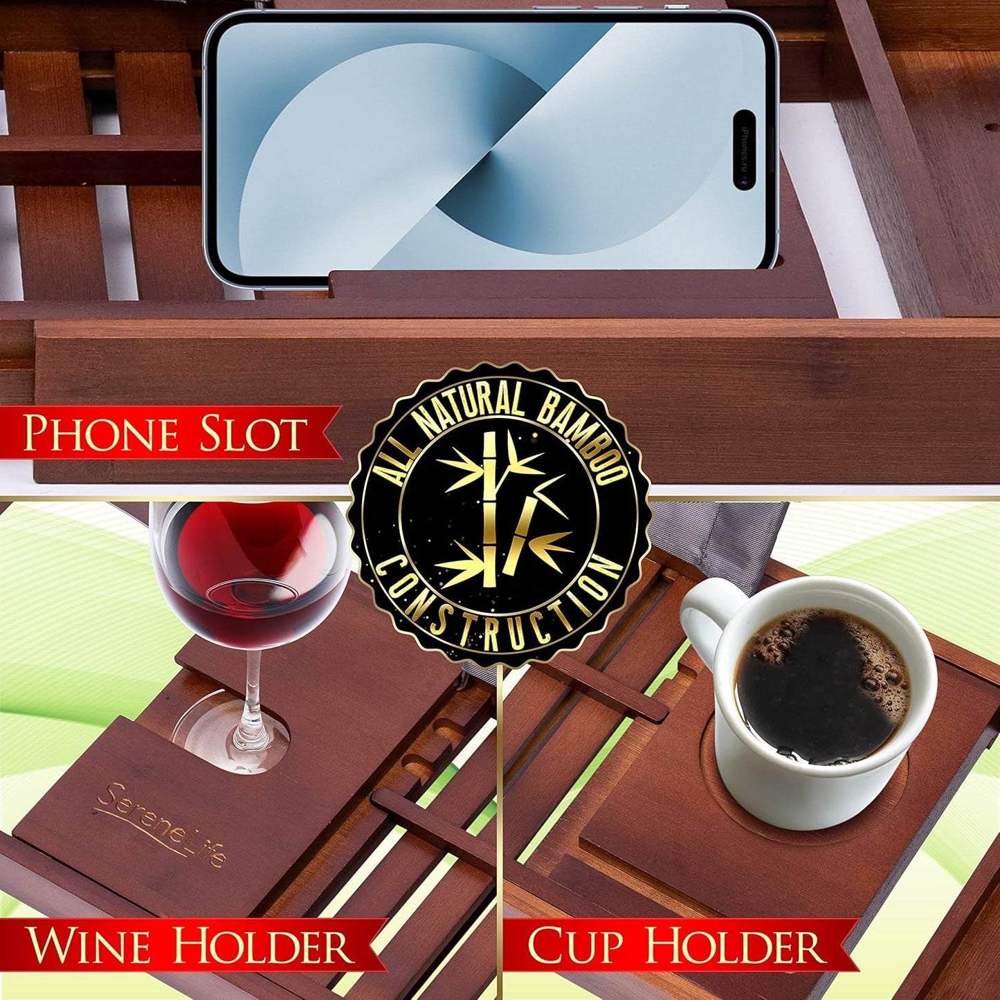 Bamboo Bathtub Caddy Tray – Expandable Waterproof Bath Tray with Wine Glass Holder, Tablet Stand & Removable Accessory Slots – Eco-Friendly, Adjustable & Durable