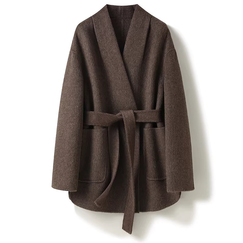 Camel-wool V-neck Wool Double-faced Wool Belted Coat