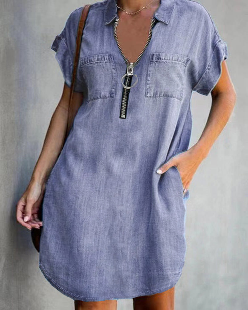 European And American Lapel Short Sleeve Loose Dress Denim Shirt