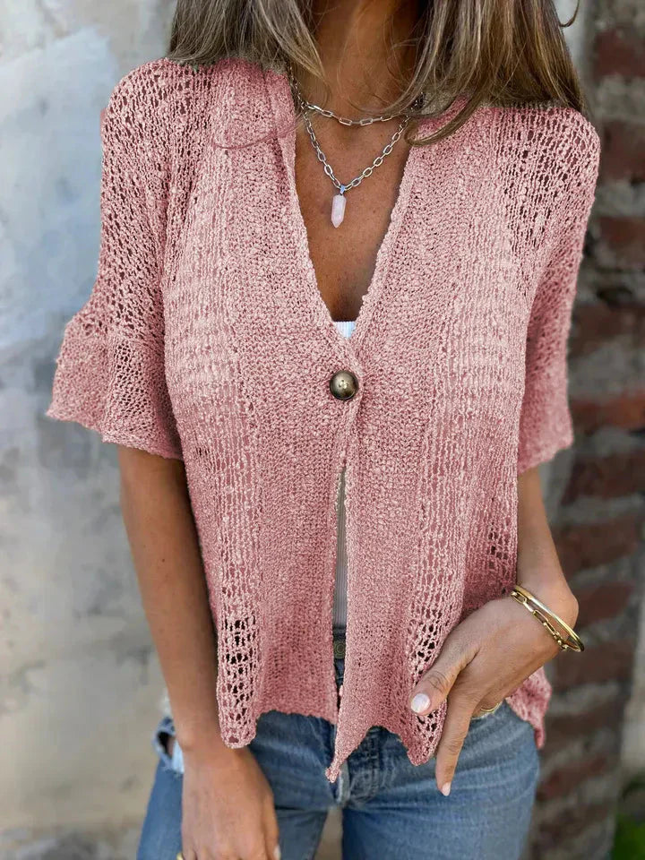 Full Size Knit Openwork One Button Cardigan
