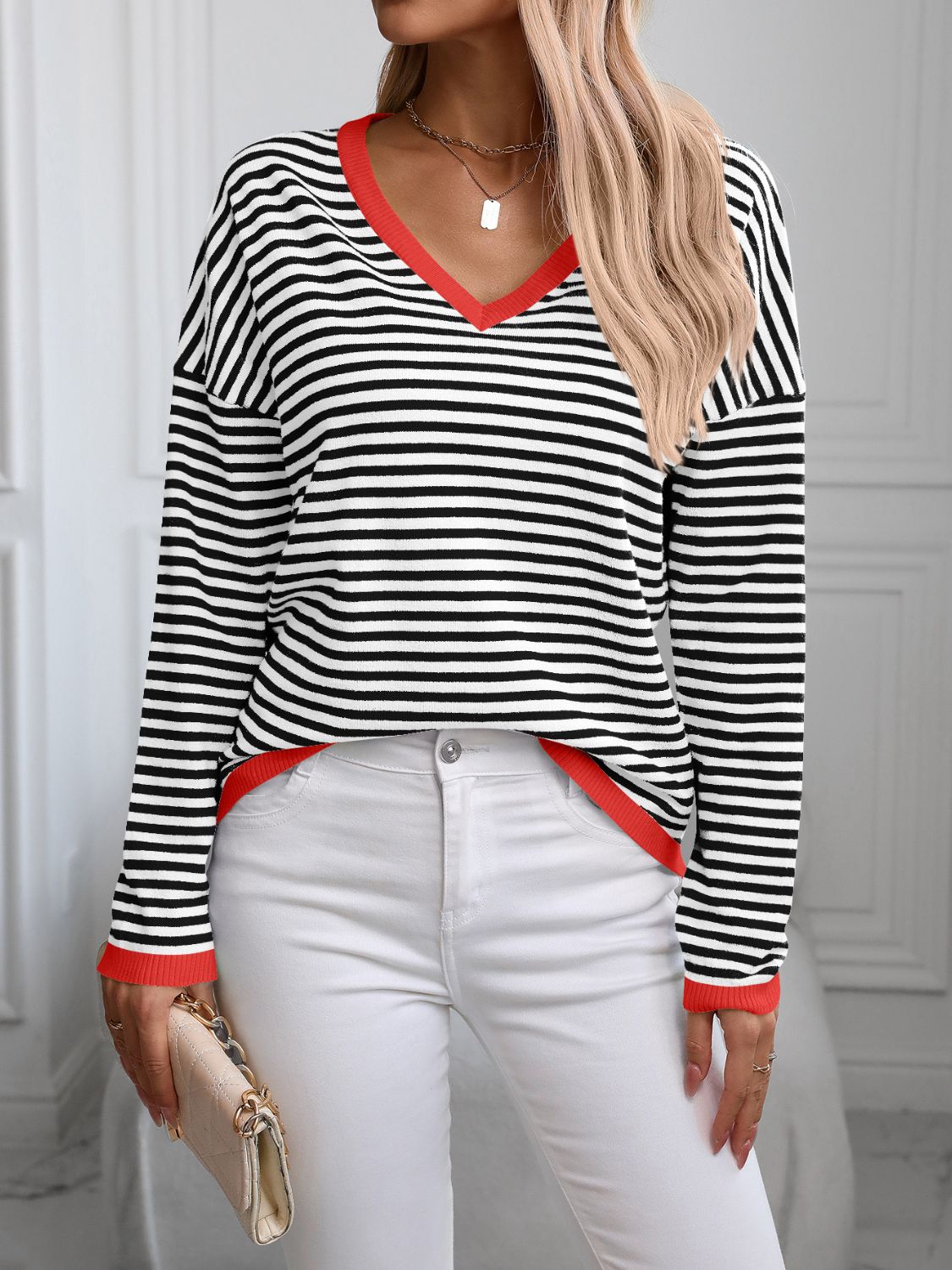 BrightStyle Contrast Trim Striped V-Neck Long Sleeve Knit Top – Comfortable Stretch Fabric
