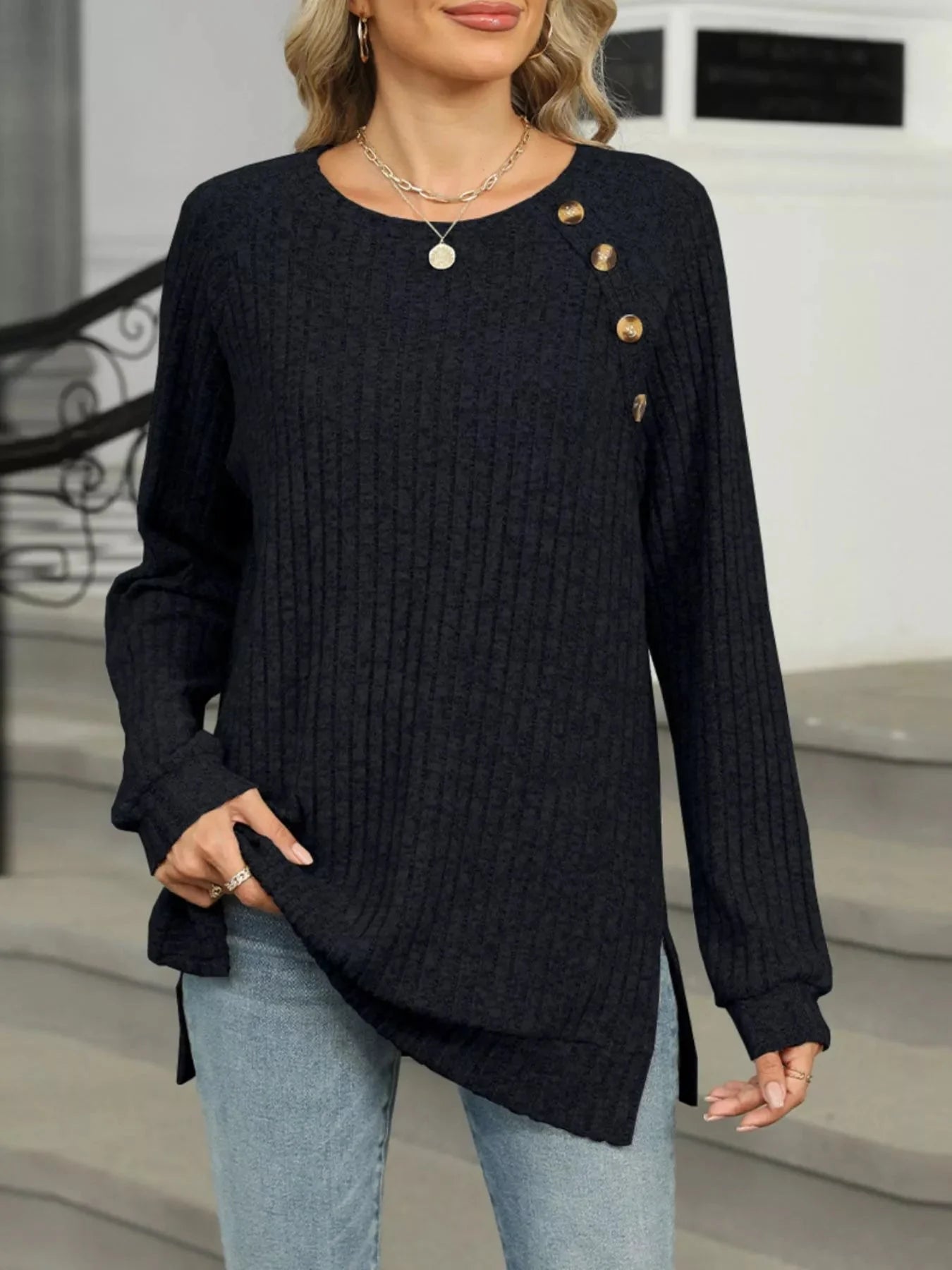 Cozy Chic Ribbed Button Detail Long Sleeve Tunic