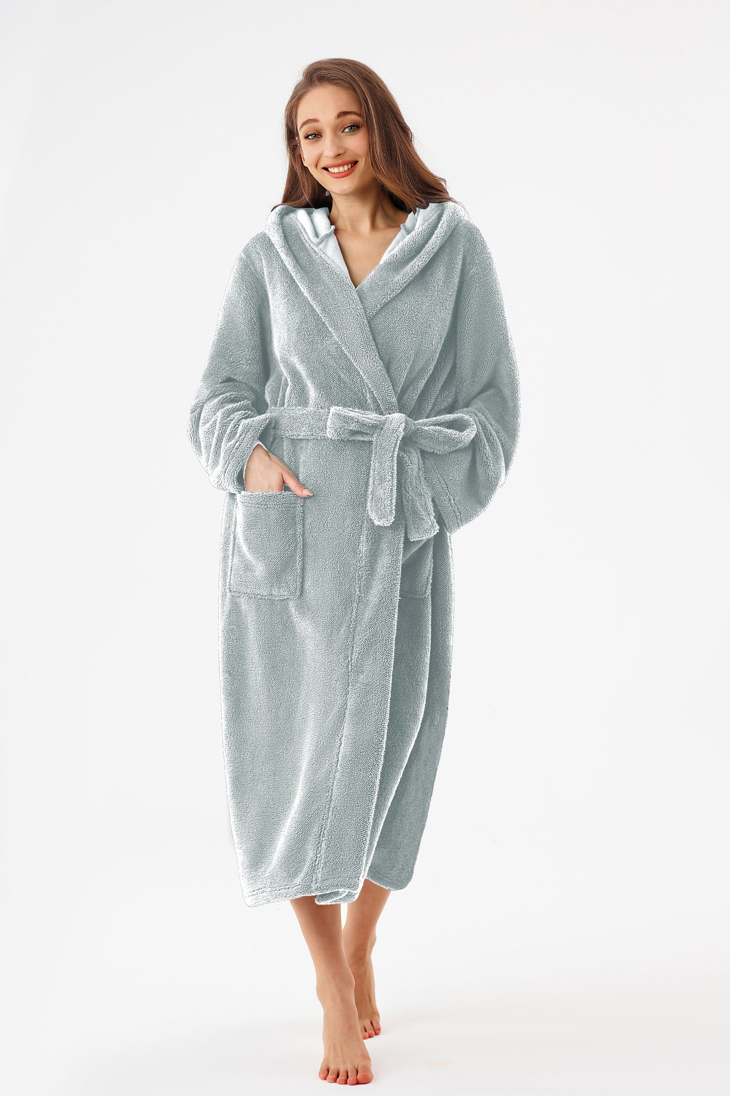RONGTAI Womens Hooded Robe Long Plush Fleece Bathrobe With Pockets Nightwear S-XXL