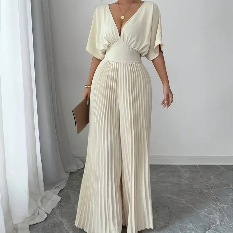 pleated jumpsuit shirt sleeve v-neck