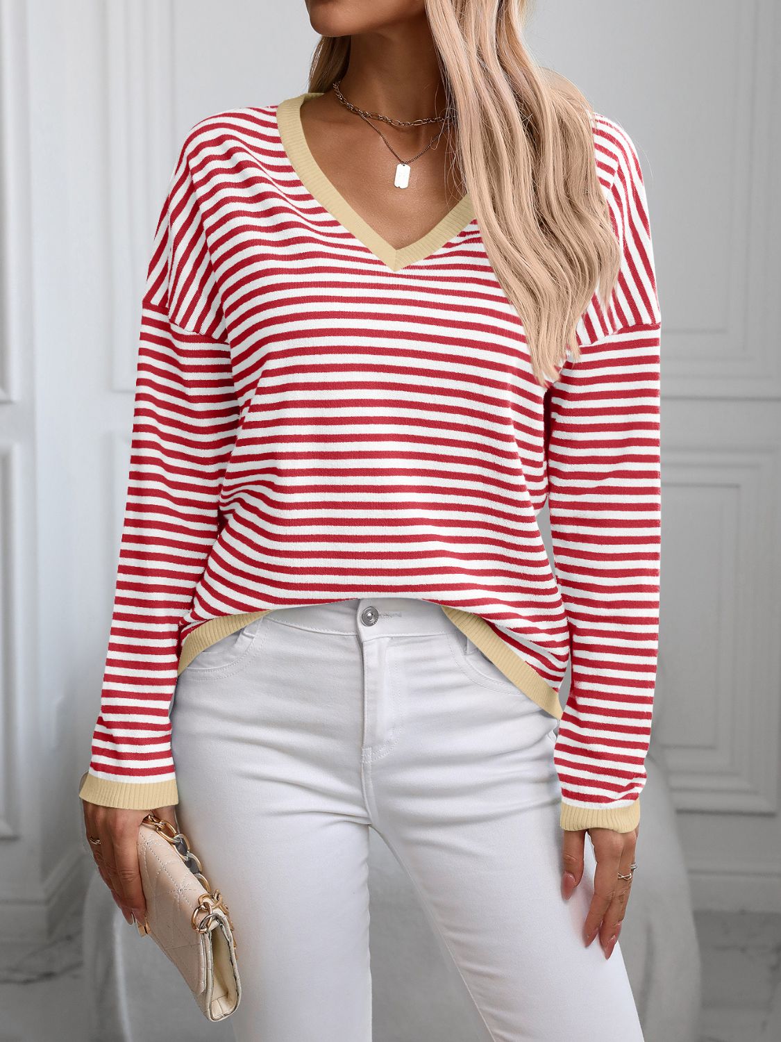 BrightStyle Contrast Trim Striped V-Neck Long Sleeve Knit Top – Comfortable Stretch Fabric