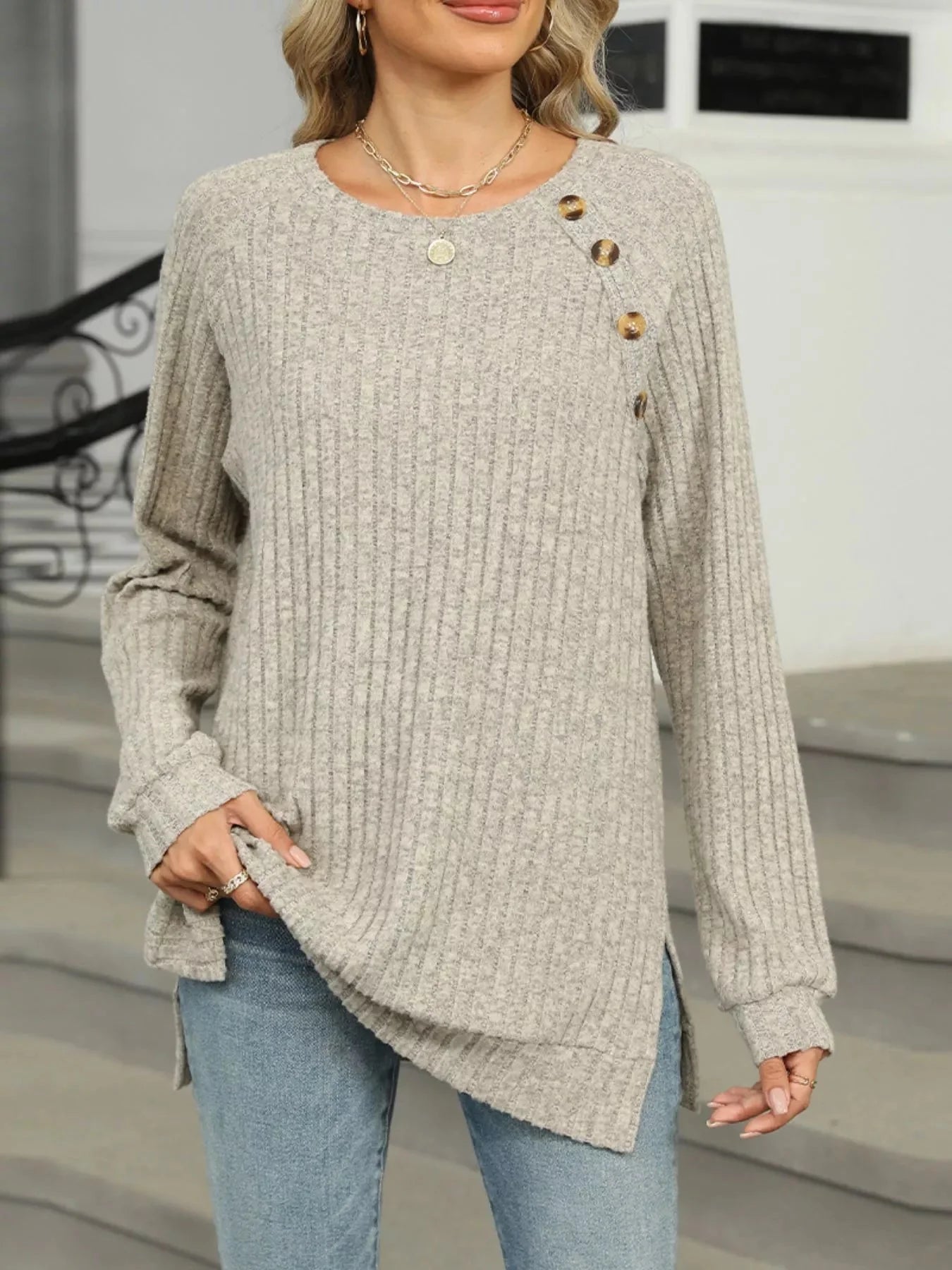 Cozy Chic Ribbed Button Detail Long Sleeve Tunic