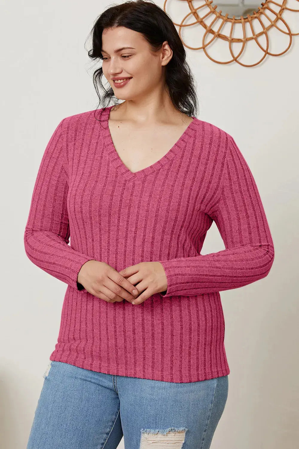 Basic Bae Full Size Ribbed V-Neck Long Sleeve T Shirt for Women