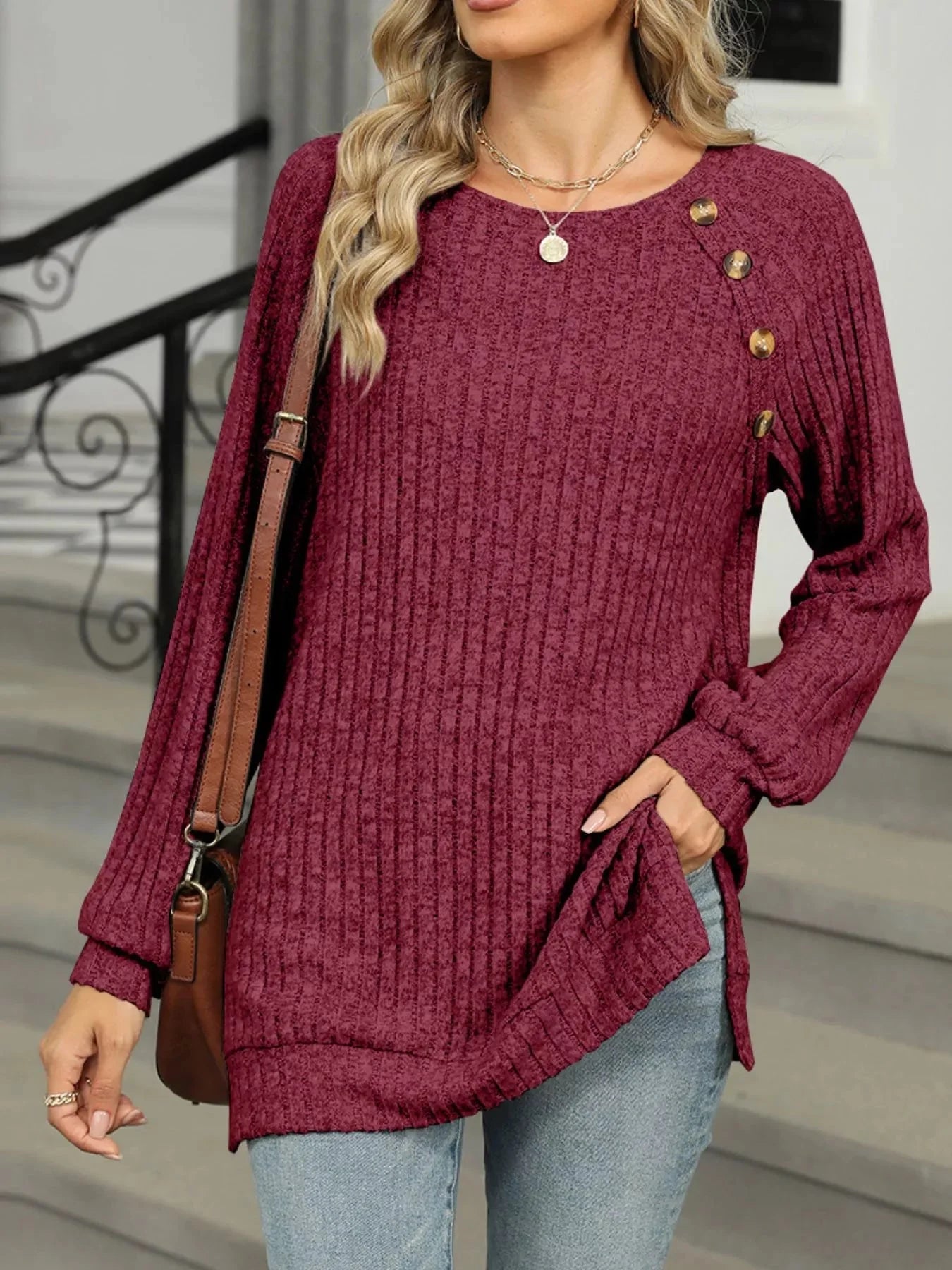 Cozy Chic Ribbed Button Detail Long Sleeve Tunic