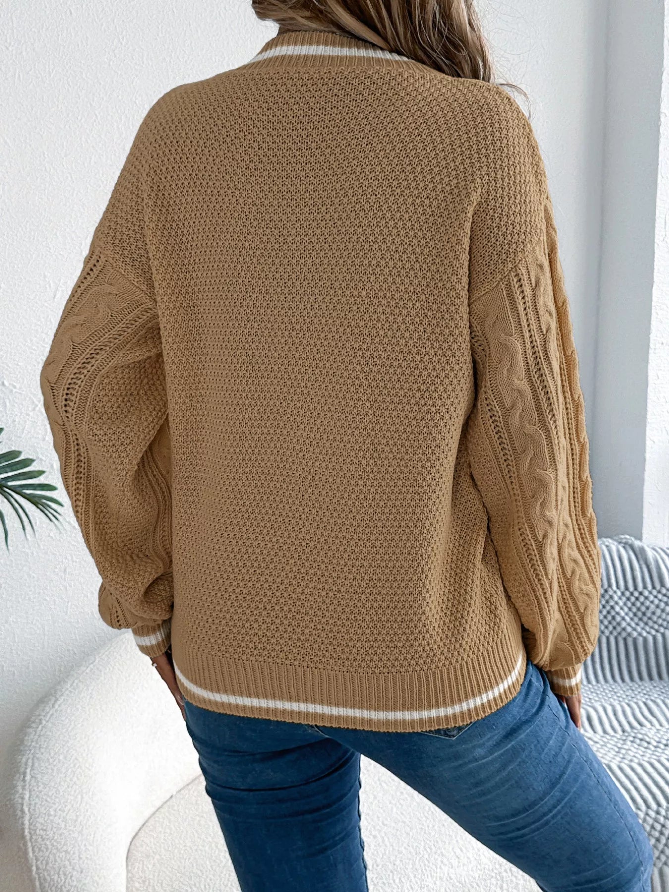 V-Neck Cable Knit Long Sleeve Sweater