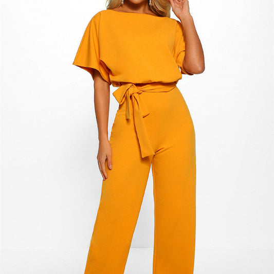 Tie-up Button Short-sleeved Women's Jumpsuit
