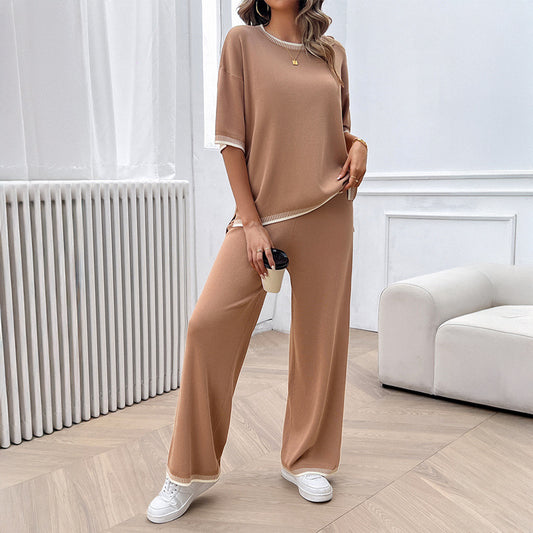Casual Loose Contrast Color Knitted T-shirt Blouse And Pants 2-piece Set