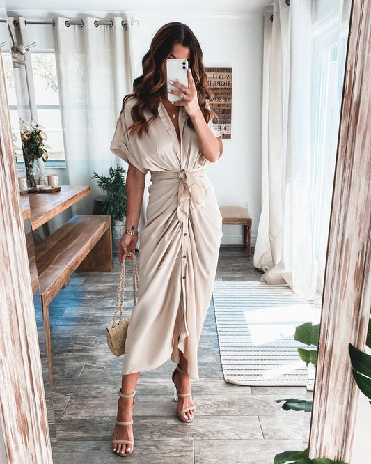 Short Sleeve Cuff Button down Collar V-neck Long Dress