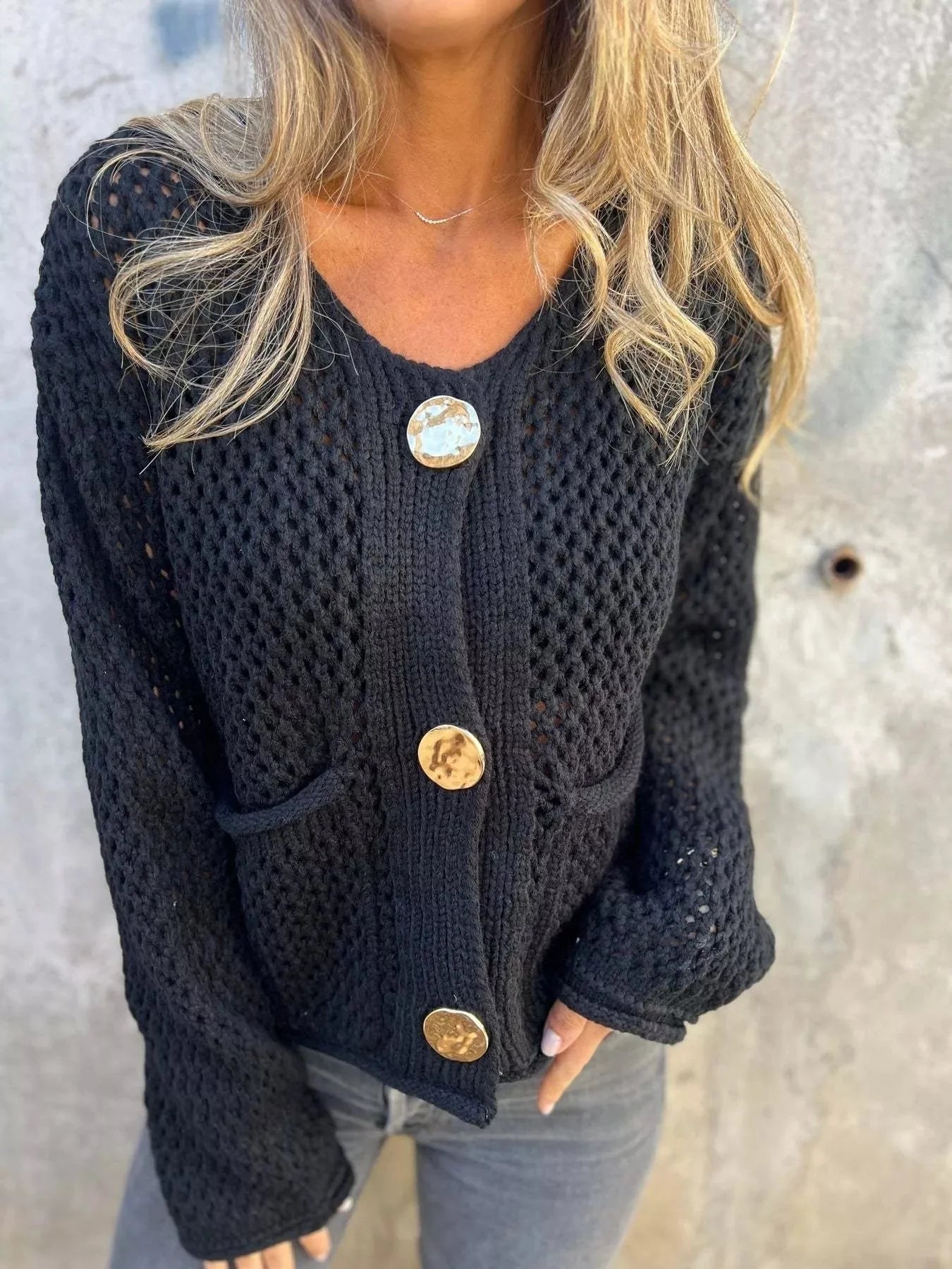 Crochet Button Up Long Sleeve Cardigan