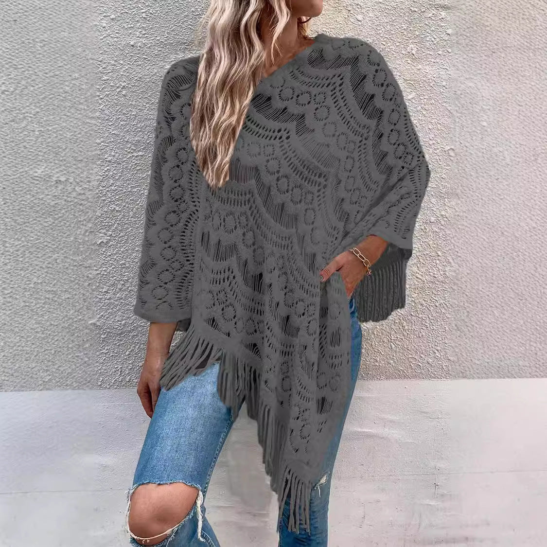 Women's Knitted Crocheted Hollow Irregular Tassel Pullover Sweater