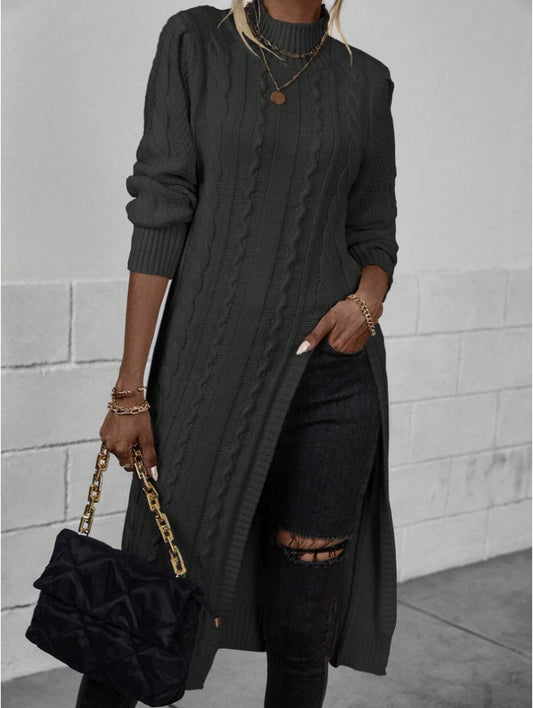 Women Crew Neck Long Sleeve Split Hem Minimalist Sweater