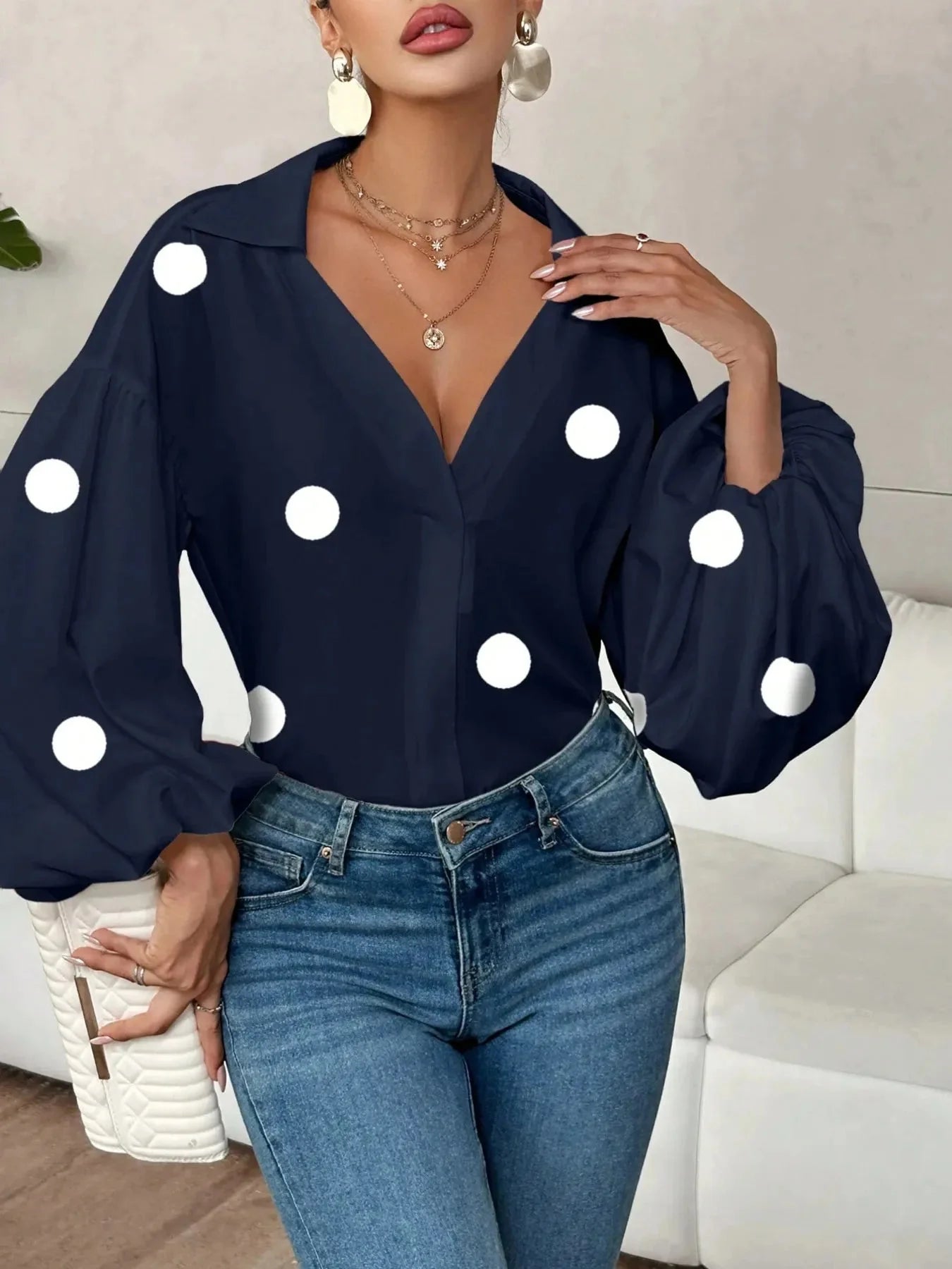 Oversized Polka Dot Balloon Sleeve Blouse