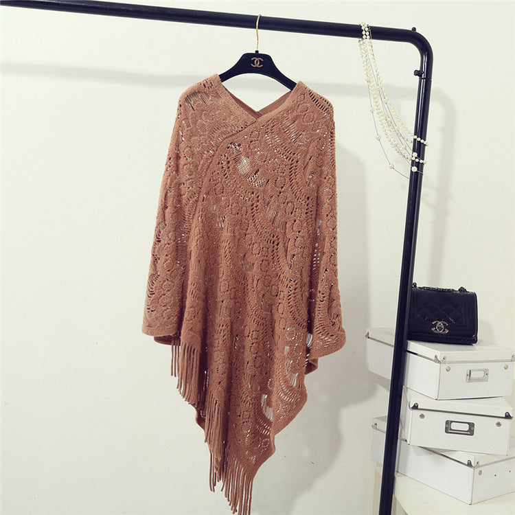 Women's Knitted Crocheted Hollow Irregular Tassel Pullover Sweater