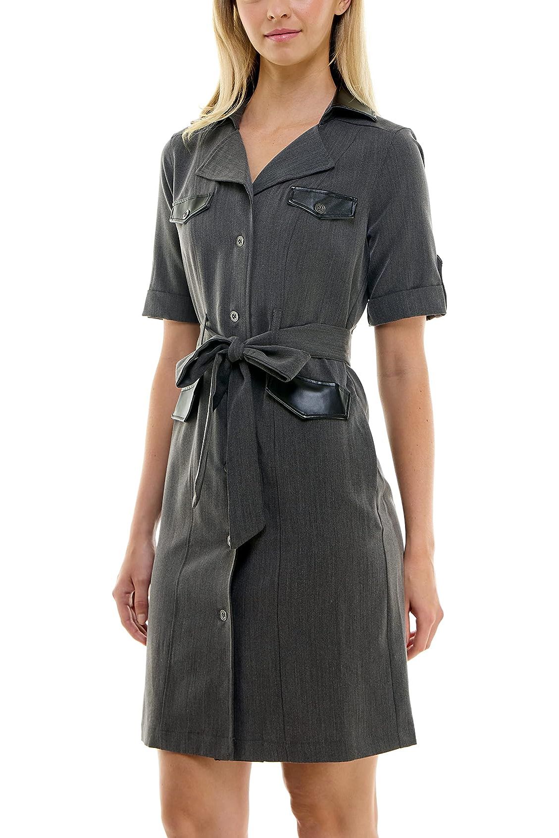 Sharagano Notched Collar Short Roll Tab Sleeve Button Closure Belted Matte Jersey Dress