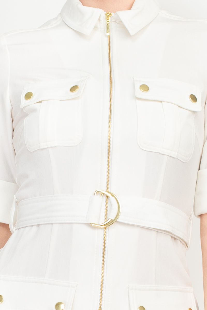 Sharagano Collared Short Sleeve Zipper Front Belted Solid Rayon Dress