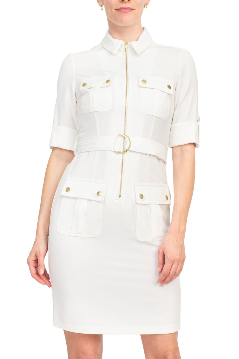 Sharagano Collared Short Sleeve Zipper Front Belted Solid Rayon Dress