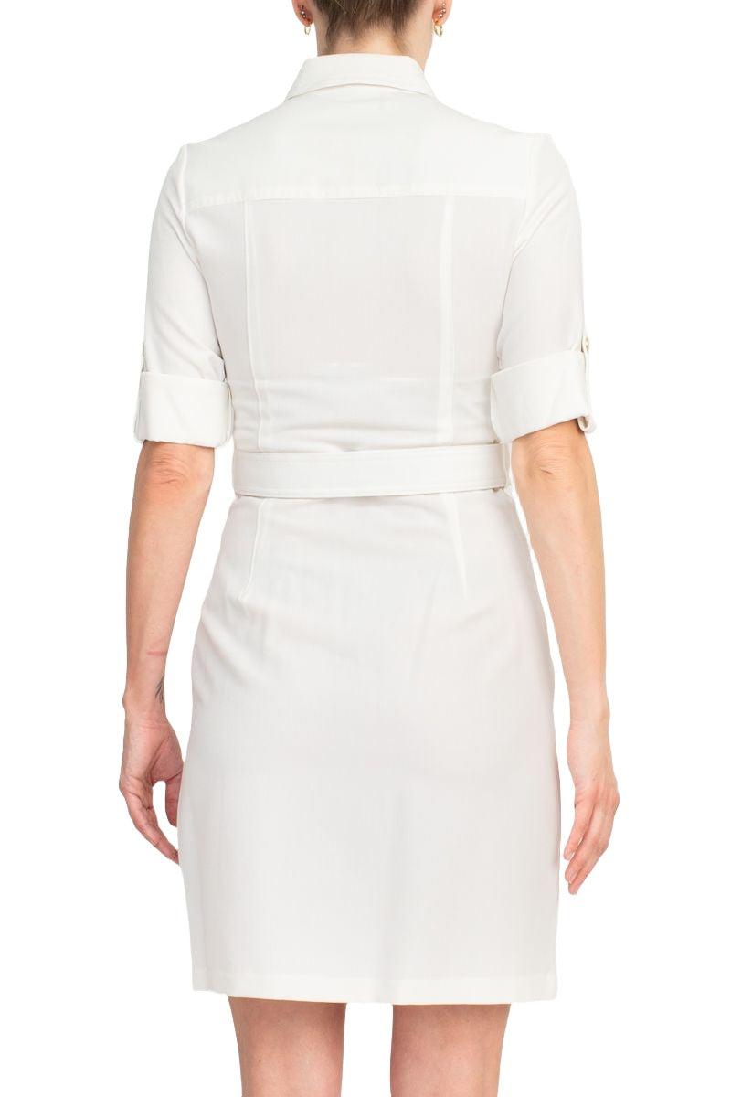 Sharagano Collared Short Sleeve Zipper Front Belted Solid Rayon Dress