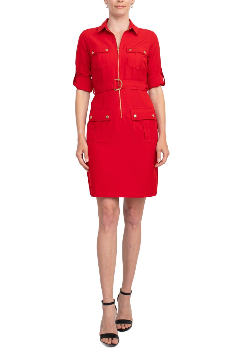 Sharagano Collared Short Sleeve Zipper Front Belted Solid Rayon Dress