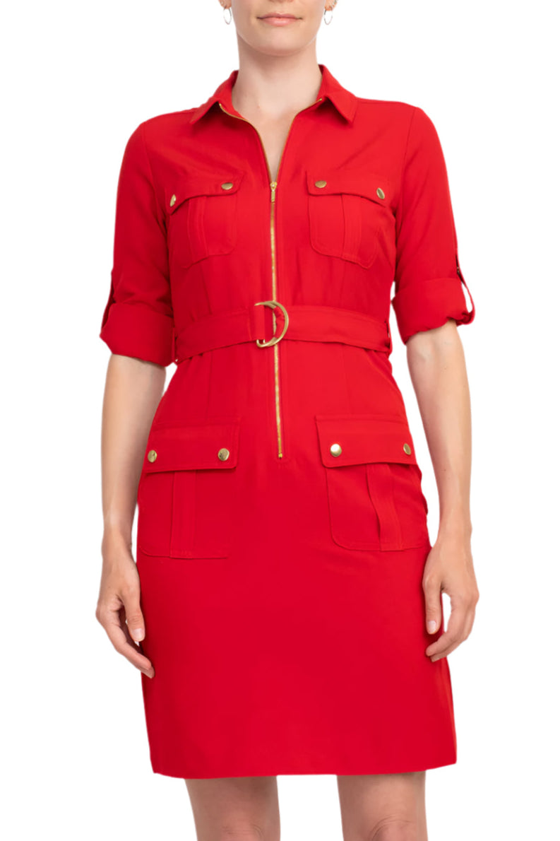 Sharagano Collared Short Sleeve Zipper Front Belted Solid Rayon Dress