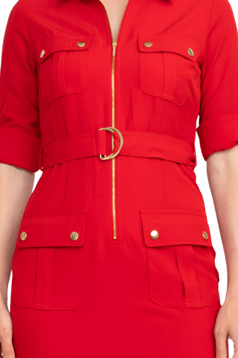 Sharagano Collared Short Sleeve Zipper Front Belted Solid Rayon Dress