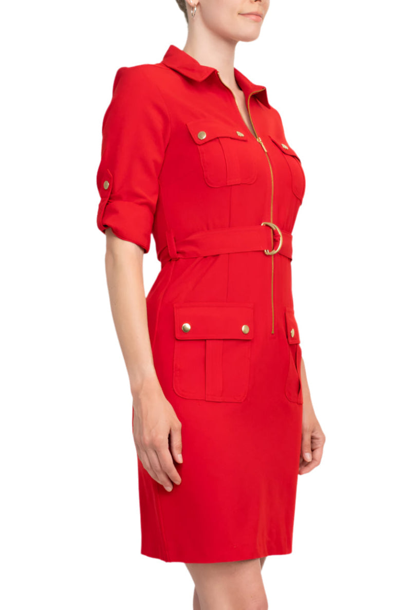 Sharagano Collared Short Sleeve Zipper Front Belted Solid Rayon Dress