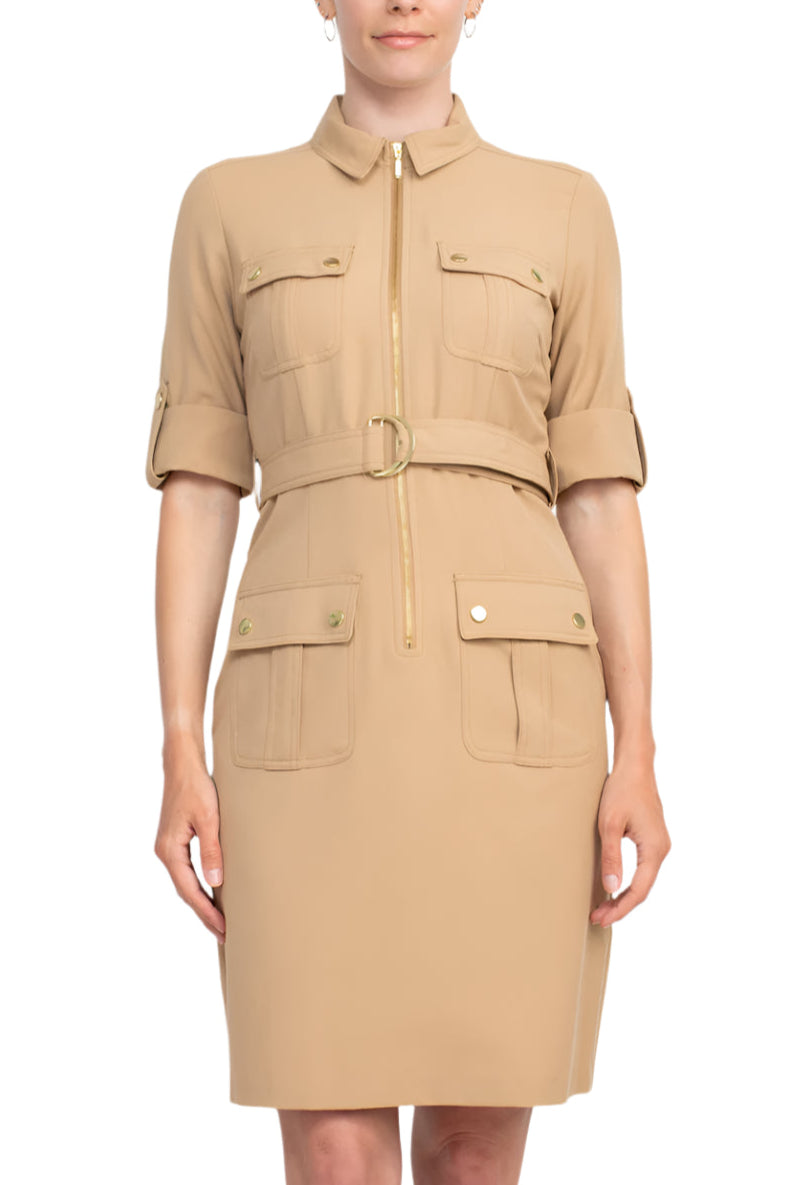 Sharagano Collared Short Sleeve Zipper Front Belted Solid Rayon Dress