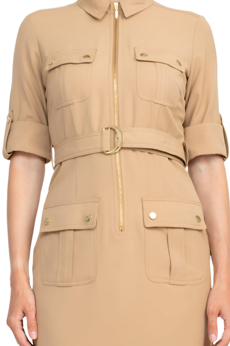 Sharagano Collared Short Sleeve Zipper Front Belted Solid Rayon Dress