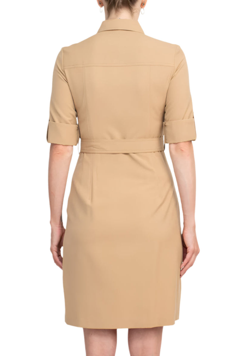 Sharagano Collared Short Sleeve Zipper Front Belted Solid Rayon Dress