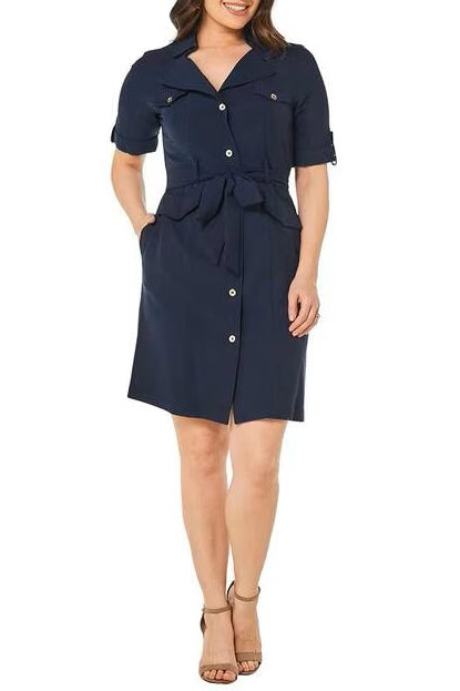 Sharagano Collared Short Sleeve Button Down Belt Hoop Tie Waist Rayon Dress