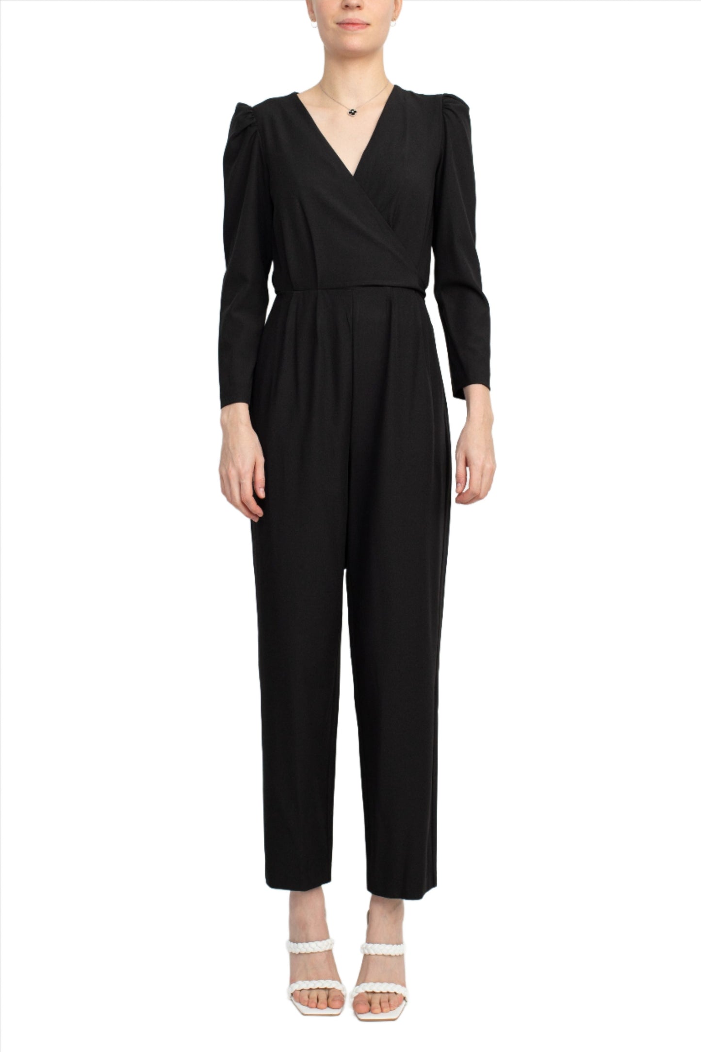 Julia Jordan V-Neck Long Sleeve Tie Back Zipper Back Solid Stretch Crepe Jumpsuit