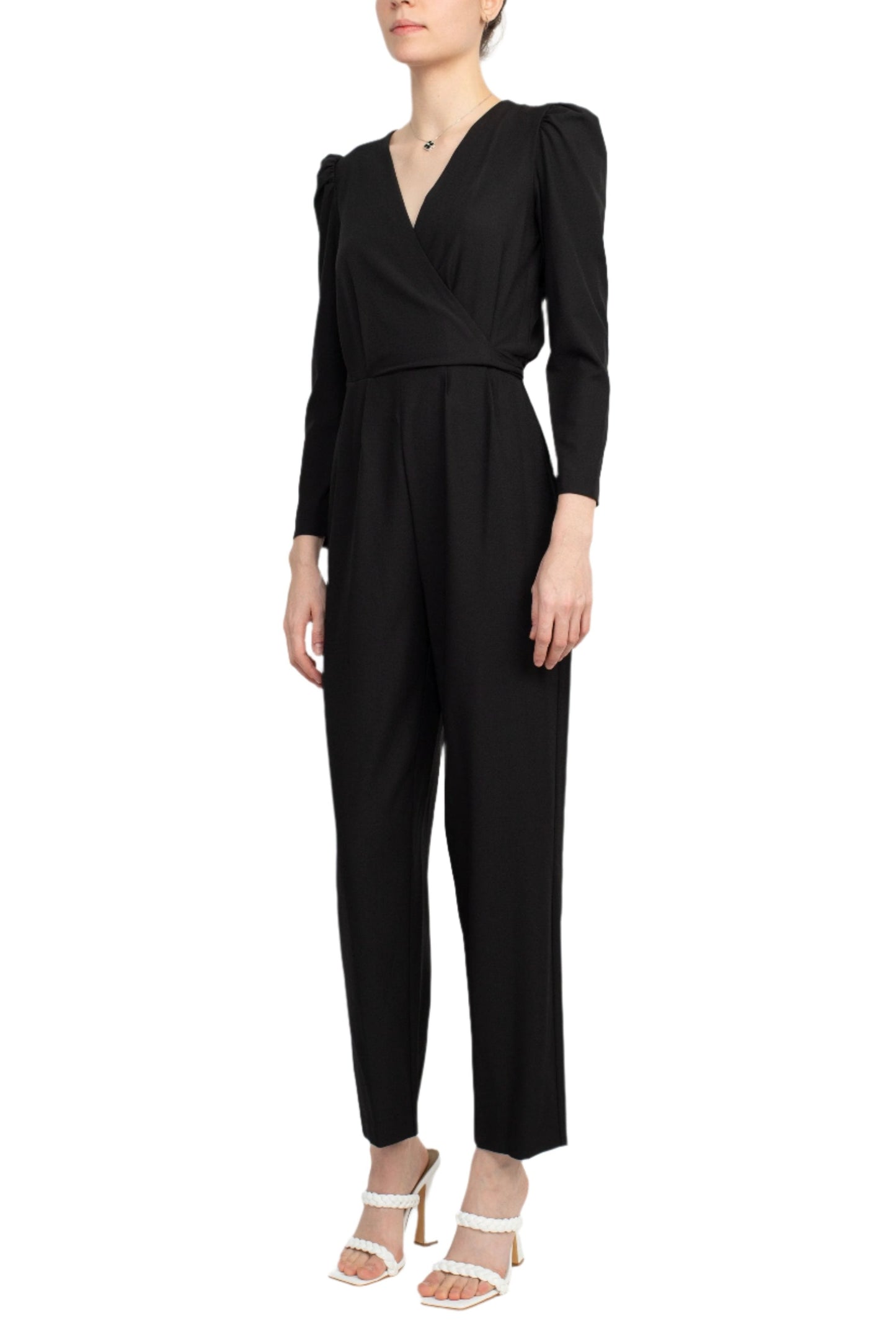 Julia Jordan V-Neck Long Sleeve Tie Back Zipper Back Solid Stretch Crepe Jumpsuit