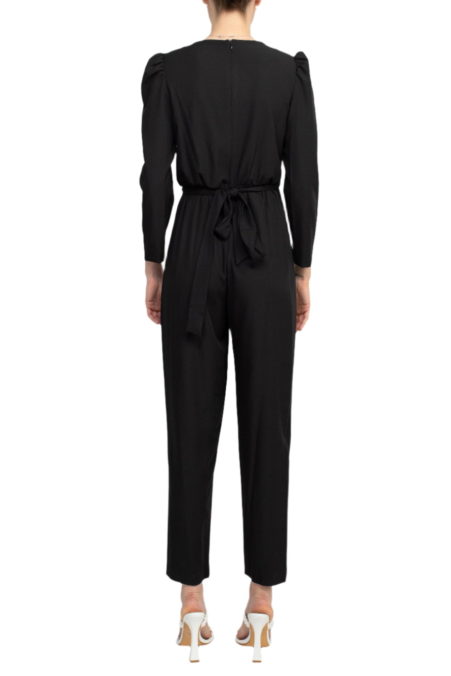Julia Jordan V-Neck Long Sleeve Tie Back Zipper Back Solid Stretch Crepe Jumpsuit