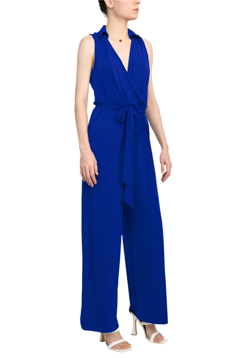 Nina Leonard V-Neck Pull Over Sleeveless Front Tie Waist Jersey Jumpsuit