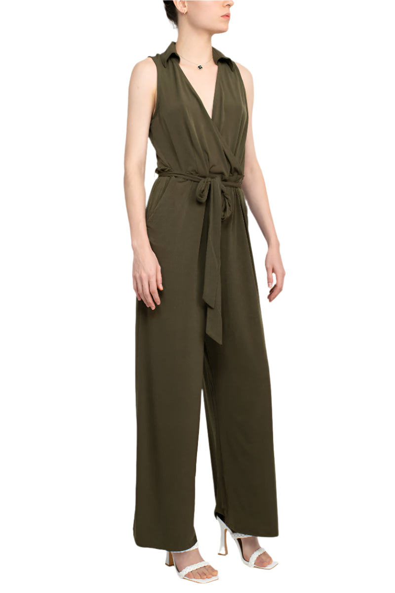Nina Leonard V-Neck Pull Over Sleeveless Front Tie Waist Jersey Jumpsuit