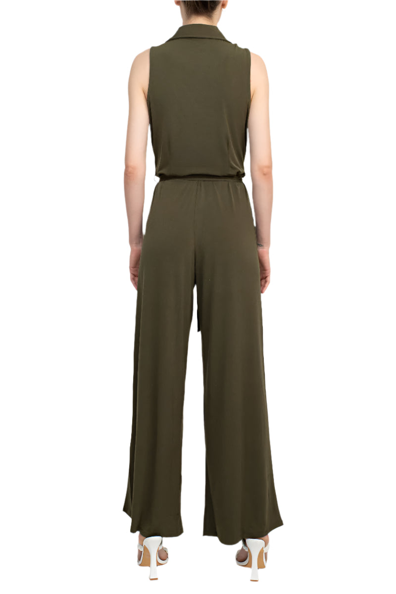 Nina Leonard V-Neck Pull Over Sleeveless Front Tie Waist Jersey Jumpsuit