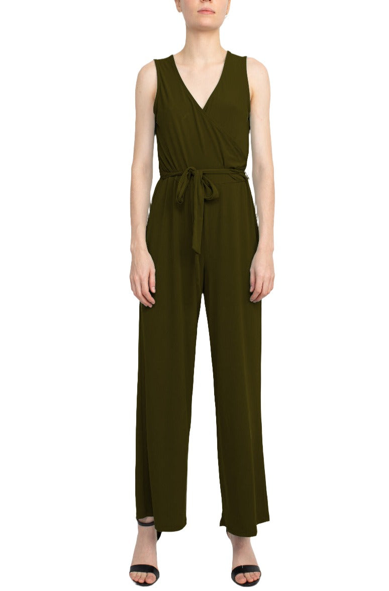 Nina Leonard V-Neck Sleeveless Front Tie Waist Jersey Jumpsuit