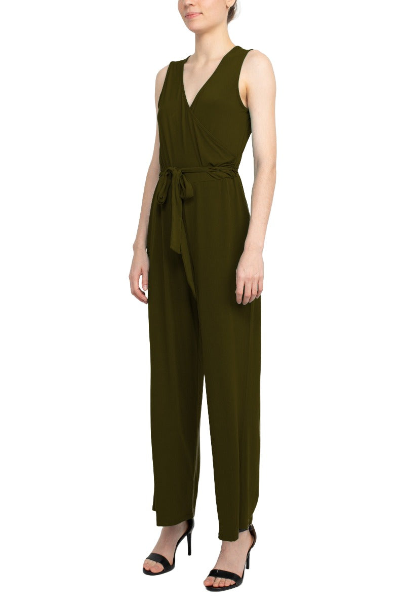 Nina Leonard V-Neck Sleeveless Front Tie Waist Jersey Jumpsuit