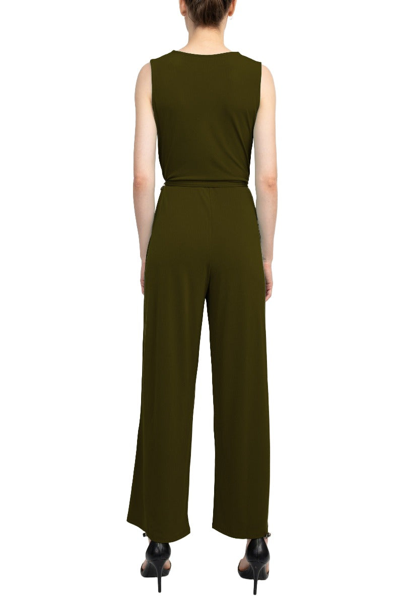 Nina Leonard V-Neck Sleeveless Front Tie Waist Jersey Jumpsuit