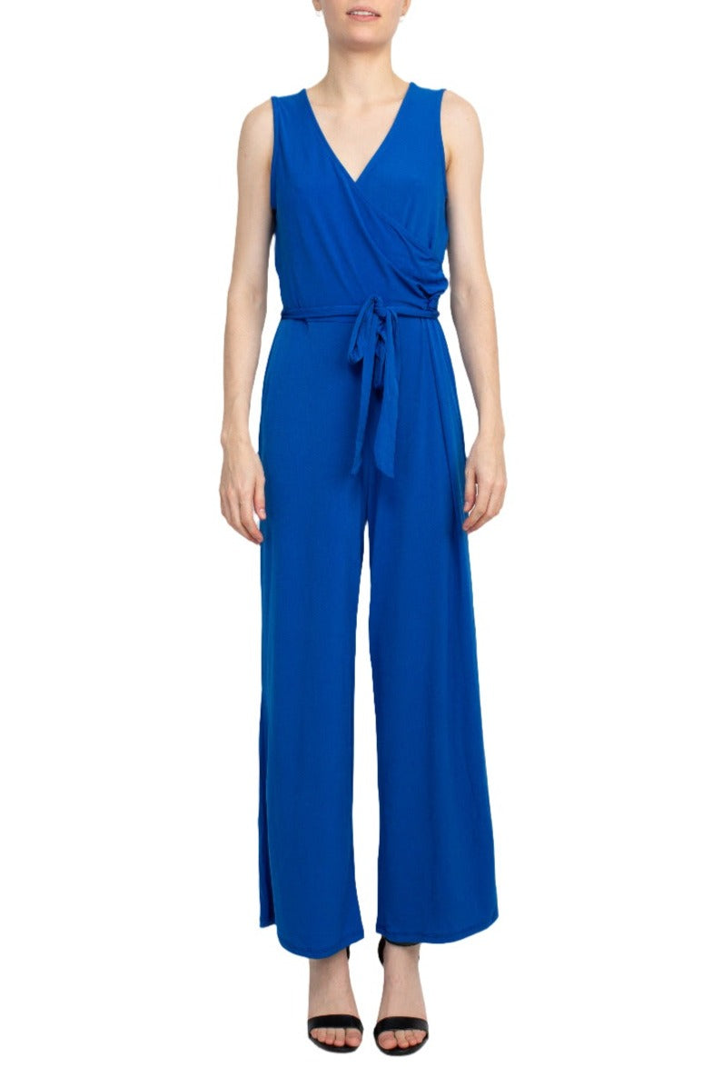 Nina Leonard V-Neck Sleeveless Front Tie Waist Jersey Jumpsuit