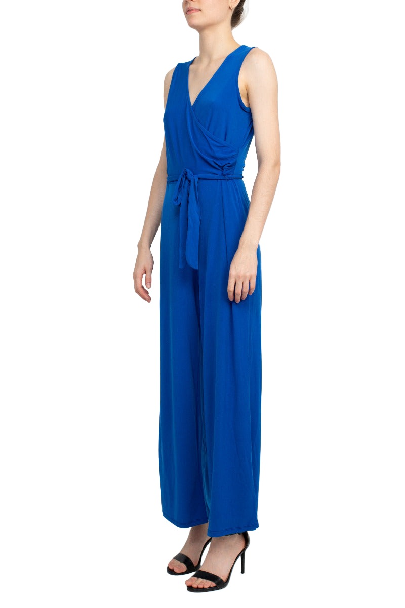 Nina Leonard V-Neck Sleeveless Front Tie Waist Jersey Jumpsuit