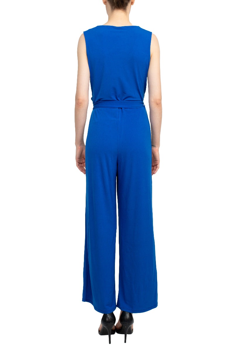 Nina Leonard V-Neck Sleeveless Front Tie Waist Jersey Jumpsuit