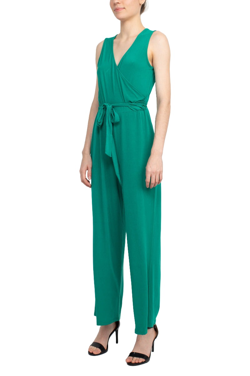 Nina Leonard V-Neck Sleeveless Front Tie Waist Jersey Jumpsuit