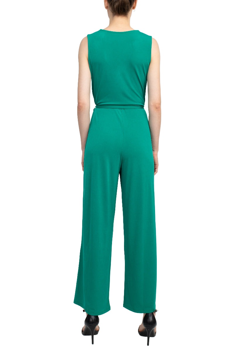 Nina Leonard V-Neck Sleeveless Front Tie Waist Jersey Jumpsuit